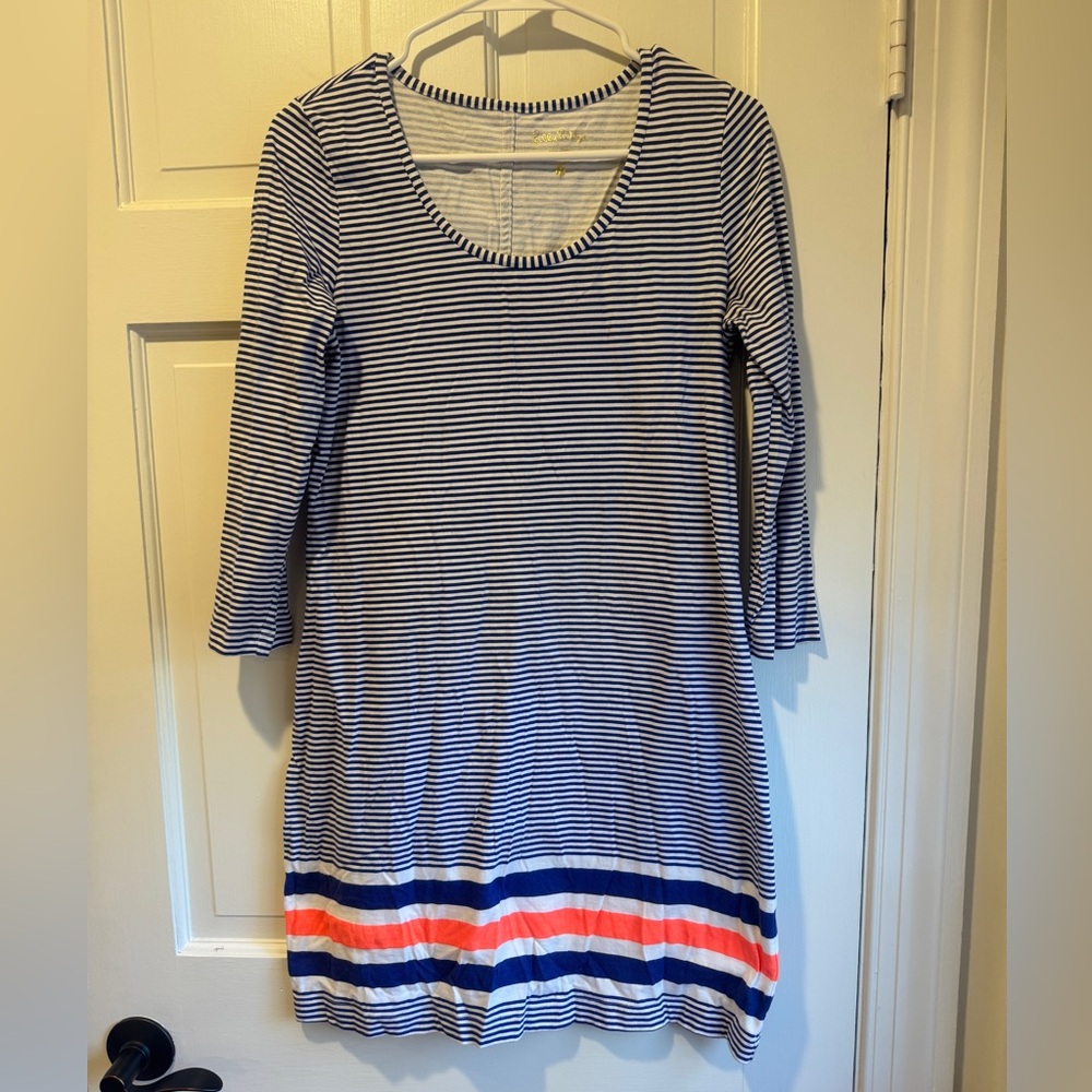 Lilly Pulitzer Blue & White Striped Long Sleeve Dress Coral Hem Size M